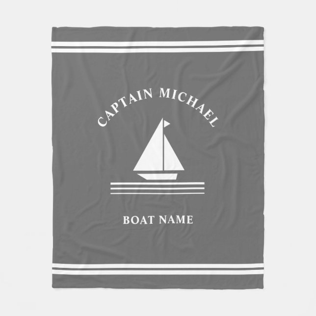 Nautical Grey White Boat Name Boating Illustration Fleece Blanket (Front)