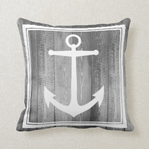 Nautical Grey Wood White Anchor Family Name Throw Pillow