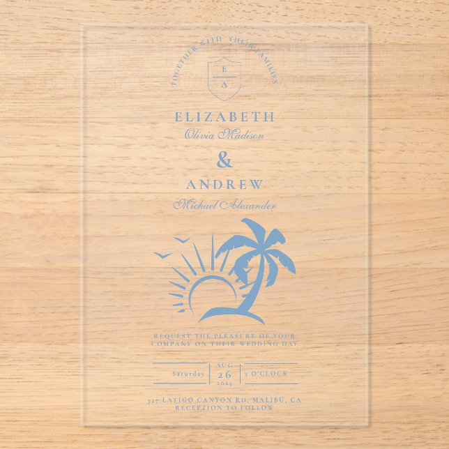 Nautical Hand Drawn Palm Tree Wedding Acrylic Invitations (Front)