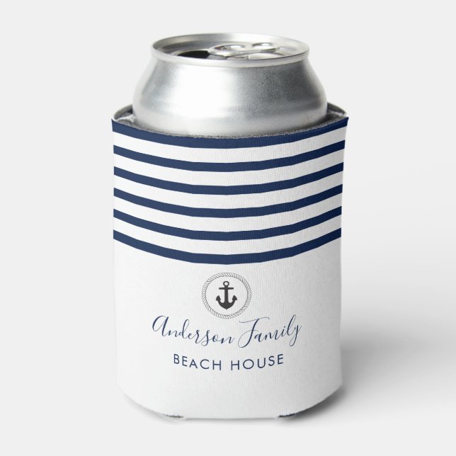 Nautical Handwritten Family Beach House Can Cooler (Can Front)