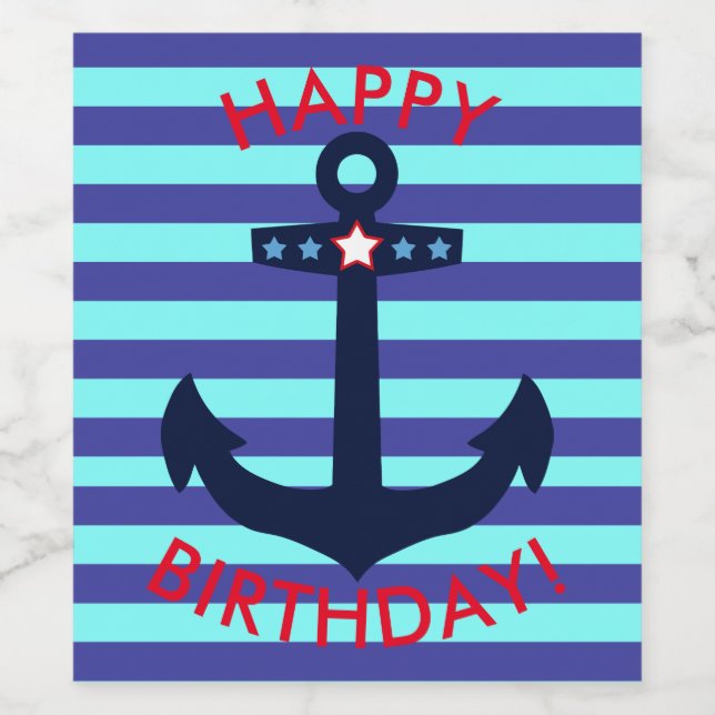 Nautical Happy Birthday! | Blue Stripes | Anchor Wine Label (Single Label)