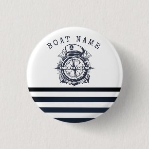 Nautical Hat, Anchor,Wheel Navy Blue Striped  1 Inch Round Button