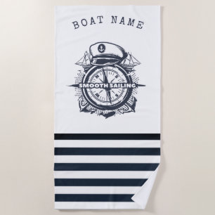 Nautical Hat, Anchor,Wheel Navy Blue Striped    Beach Towel