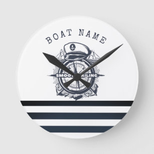 Nautical Hat, Anchor,Wheel Navy Blue Striped   Round Clock