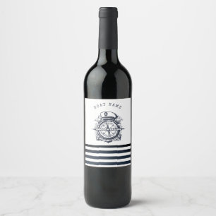Nautical Hat, Anchor,Wheel Navy Blue Striped Wine Label