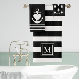 Nautical Heart Anchor Black White Stripes Monogram Bath Towel Set