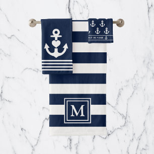 Nautical Heart Anchor Navy White Stripes Monogram Bath Towel Set