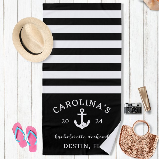Nautical Heart Bachelorette Weekend Black & White Beach Towel (Creator Uploaded)
