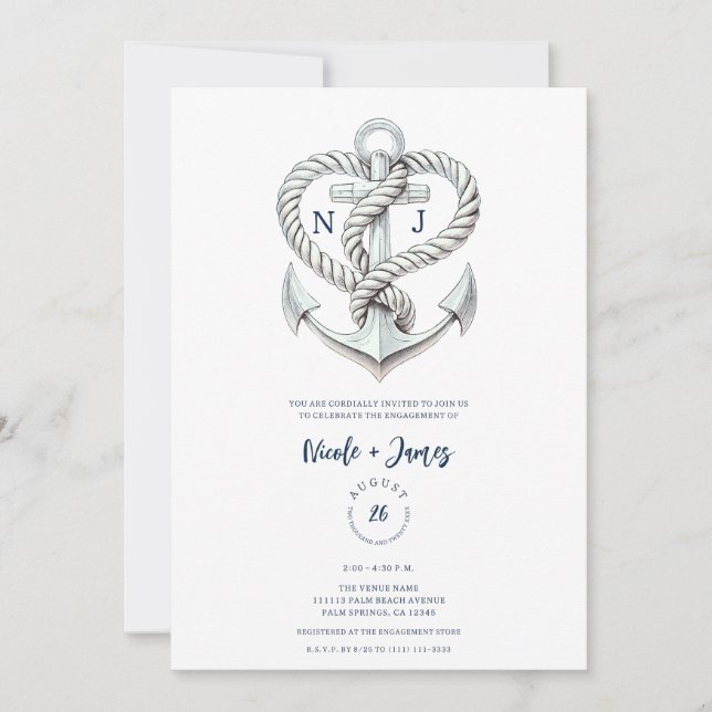 Nautical Heart Rope Anchor Coastal Engagement Invitation (Front)