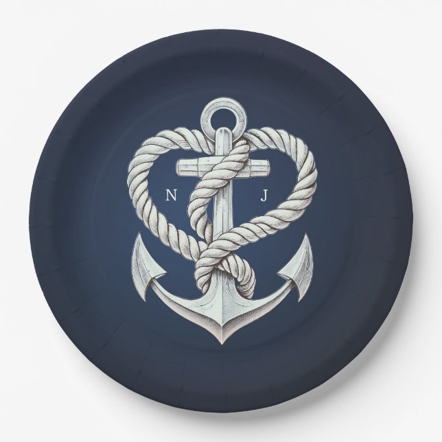 Nautical Heart Rope Anchor Coastal Navy Wedding Paper Plate (Front)