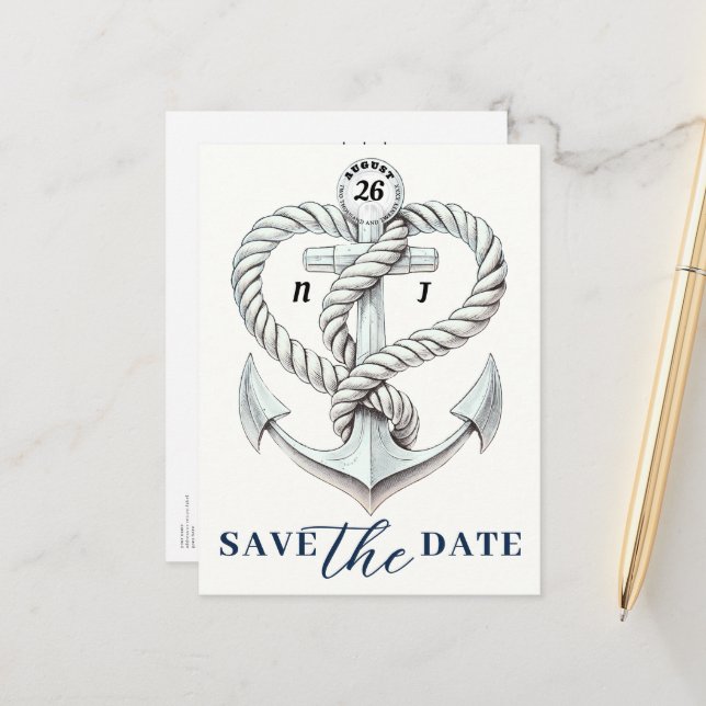 Nautical Heart Rope Anchor Coastal Save the Date Announcement Postcard (Front/Back In Situ)
