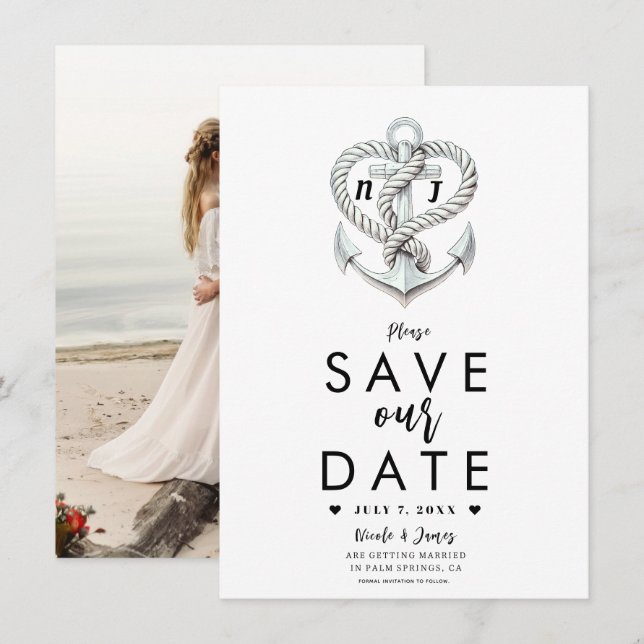 Nautical Heart Rope Anchor Coastal Save the Date Invitation (Front/Back)