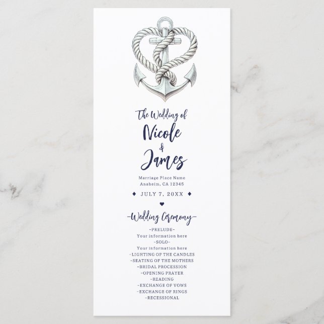 Nautical Heart Rope Anchor Coastal Wedding Program (Front)