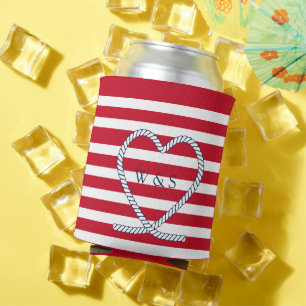 Nautical Heat Monogram Red White Stripe Couples Can Cooler