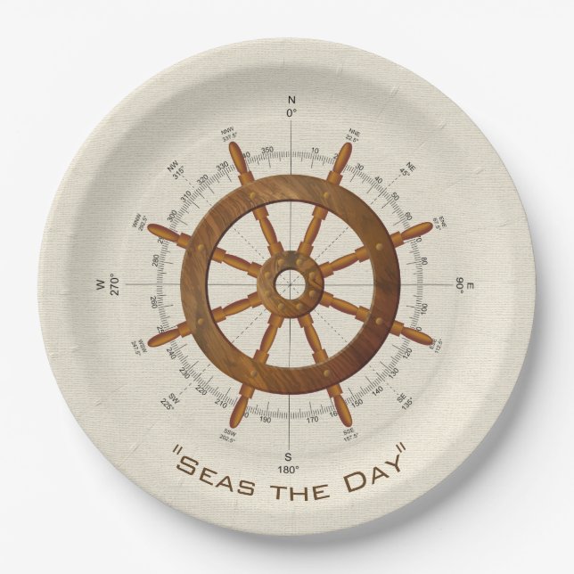 Nautical helm and compass paper plate (Front)