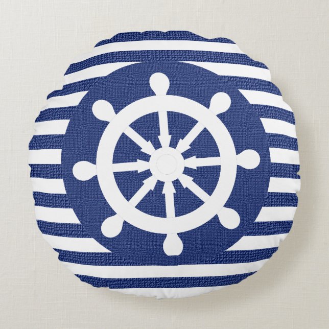 Nautical Helm on Burlap Dark Blue Stripes Round Pillow (Front)