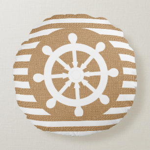 Nautical Helm on Burlap White and Tan  Stripes Round Pillow