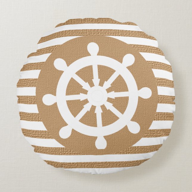 Nautical Helm on Burlap White and Tan  Stripes Round Pillow (Front)