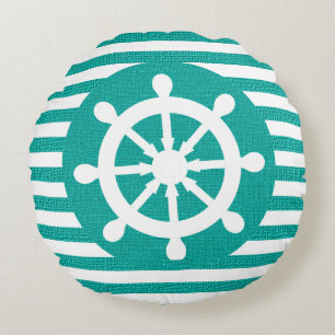 Nautical Helm on Burlap White and Teal Stripes Round Pillow