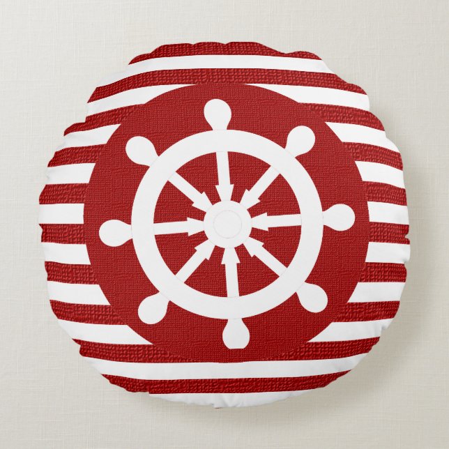 Nautical Helm on Burlap White & Dark Red Stripes Round Pillow (Front)
