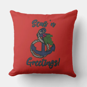 Nautical Holiday   Anchor and Holly Throw Pillow