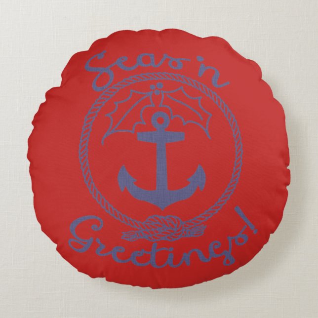 Nautical Holiday | Anchor & Holly | Greetings Round Pillow (Front)