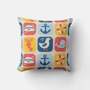 Nautical Icon Grid Pattern Throw Pillow