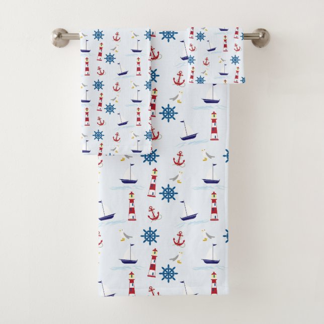 Nautical Icons Lighthouse Boat Anchor Seafaring Bath Towel Set (Insitu)