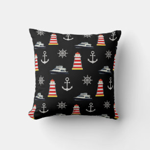 Nautical Icons, Silver Anchor on Black Throw Pillow