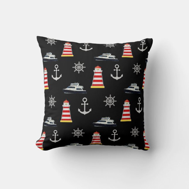 Nautical Icons, Silver Anchor on Black Throw Pillow (Front)
