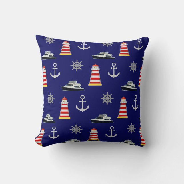 Nautical Icons, Silver Anchor on Navy Blue Throw Pillow (Front)