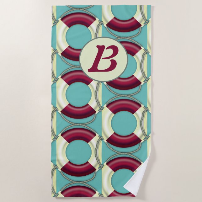 Nautical Initial Retro Life Preserver Pattern Beach Towel (Front)