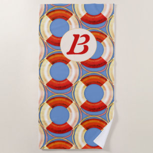 Nautical Initial Retro Life Preserver Pattern Beach Towel
