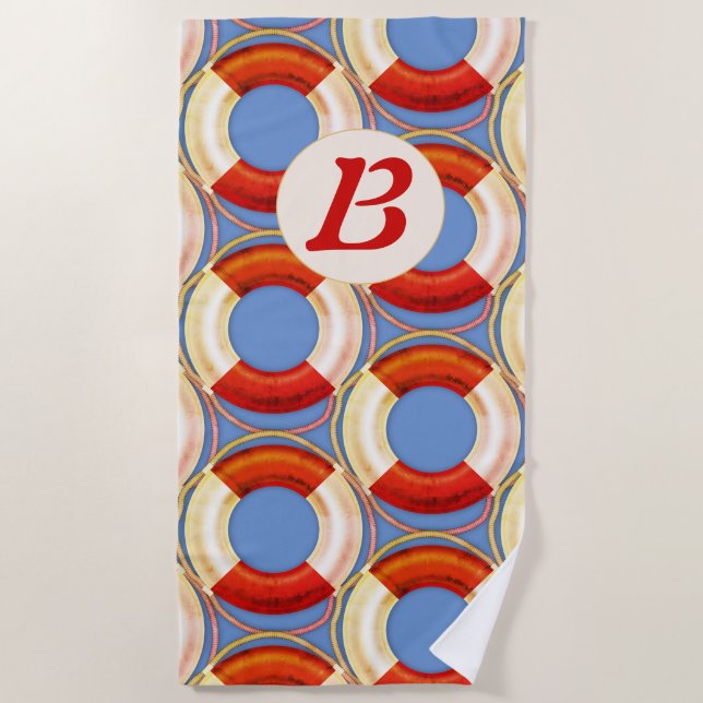 Nautical Initial Retro Life Preserver Pattern Beach Towel (Front)
