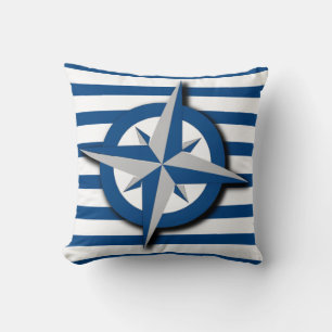 Nautical Inspired Compass and Stripes Pattern Throw Pillow