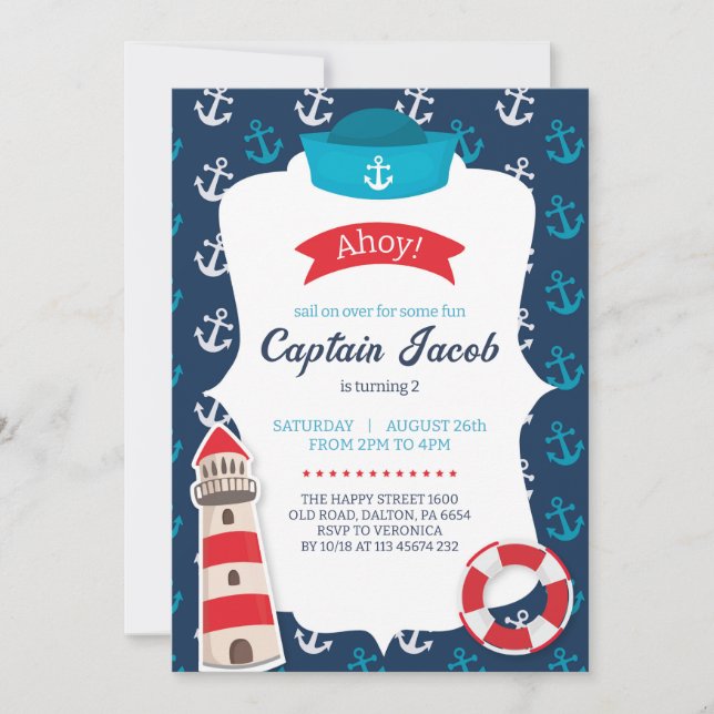Nautical Invitation for Birthday Party Ahoy! Blue (Devant)