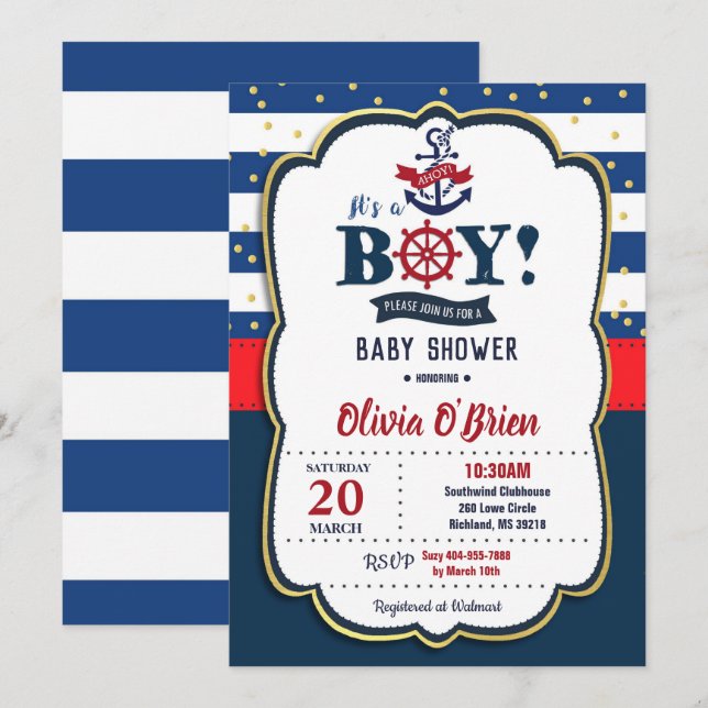 Nautical It's a Boy Red and Navy Blue Baby Shower Invitation (Front/Back)