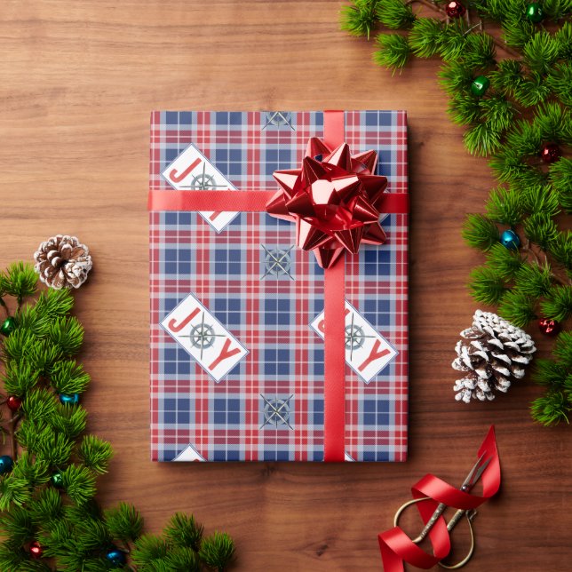 Nautical JOY Compass Christmas Blue & Red Plaid Wrapping Paper (Holiday Gift)