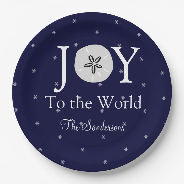 Nautical Joy Sandollar Blue White Christmas Paper Plate (Front)