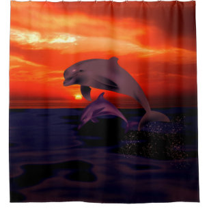 Nautical Jumping Dolphins Orange Ocean Sunset