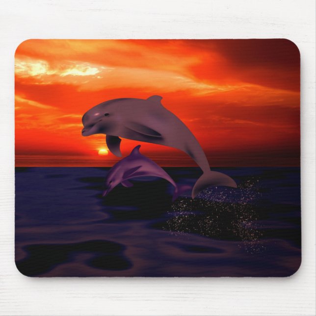 Nautical Jumping Dolphins Orange Ocean Sunset Mouse Pad (Front)
