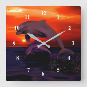 Nautical Jumping Dolphins Orange Ocean Sunset Square Wall Clock