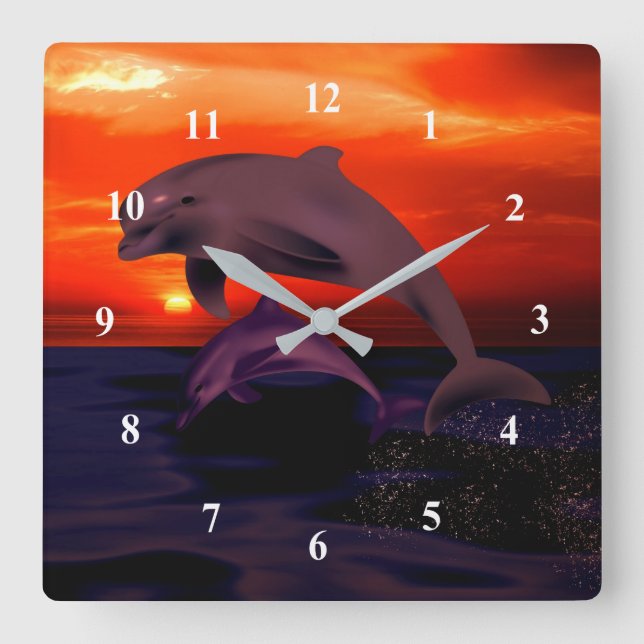 Nautical Jumping Dolphins Orange Ocean Sunset Square Wall Clock (Front)