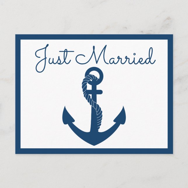 Nautical Just Married Navy Blue Anchor Wedding Announcement Postcard (Front)