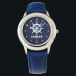 Nautical kid's watch with small ship wheel & name<br><div class="desc">Nautical kid's watch with small ship wheel logo and name. Custom watch personalized with child's name or monogram letters. Cute maritime theme timekeeper clock design for little boys Birthday party. Make one for little sailor son, skipper grandson, grandchild, first mate nephew, friend, brother, boat captain son etc. Navy blue and...</div>
