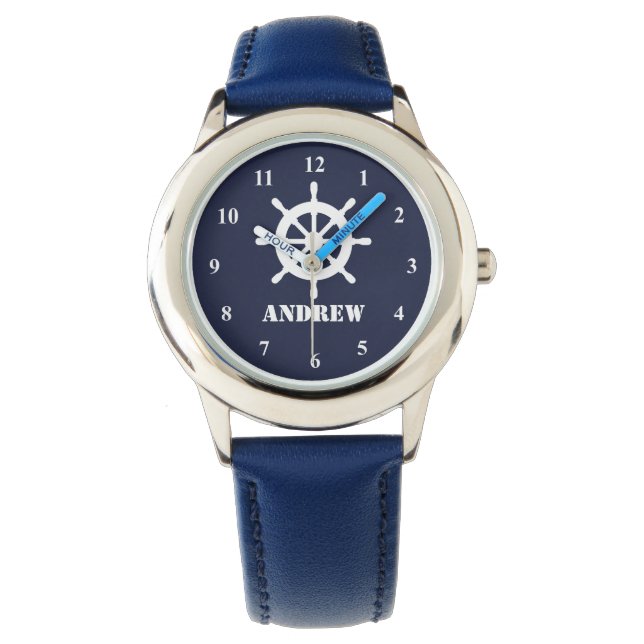 Nautical kid's watch with small ship wheel & name (Front)