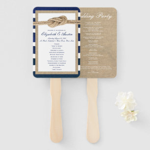 Nautical Knot Burlap Navy Stripes Wedding Program Hand Fan