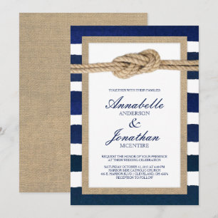 Nautical Knot Burlap & Watercolor Navy Stripes Invitation