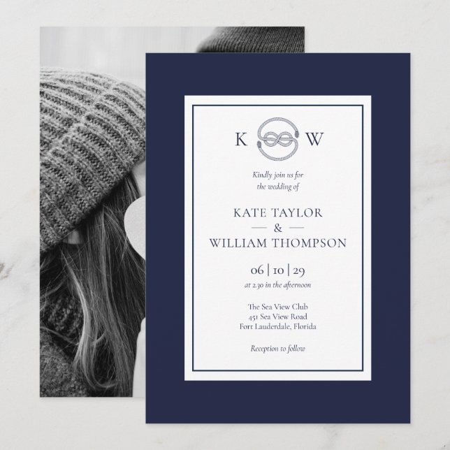 Nautical Knot Navy Blue Monogram Wedding Photo  Invitation (Front/Back)