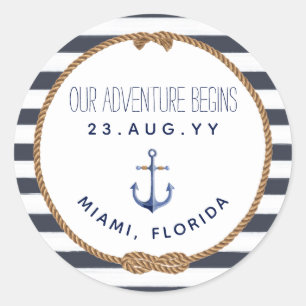 Nautical Knot Navy Blue & White Striped Wedding Classic Round Sticker